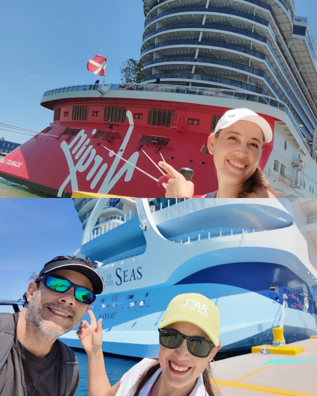 Tania y Sharif – Viajemos en Crucero, frente a barcos de Virgin Voyages y Royal Caribbean